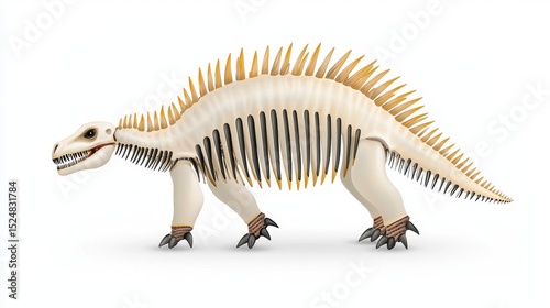 Detailed Beige and Off White Dinosaur Skeleton 3D Render on White Background