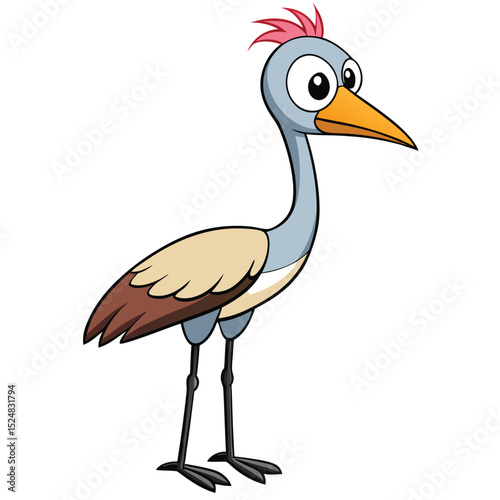 The comical cartoon crane bird stands elegantly with its big eyes wide open