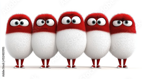 Five Fluffy Red and White Cartoon Creatures in a Row
