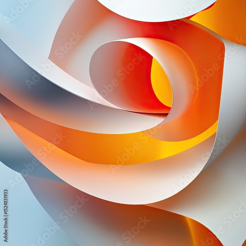 Abstract swirling forms in orange, white, and grey.  Light plays across the curves and folds creating depth and a sense of movement