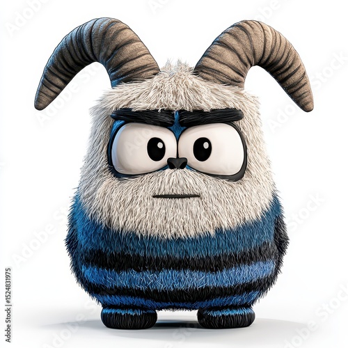 Grumpy Blue And White Fluffy Monster With Horns 3D Render