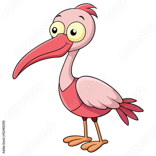 Whimsical pink cartoon ibis looks forward, showcasing its uniquely long beak and bright eyes