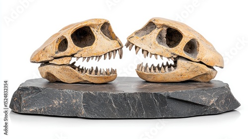 Two Ancient Reptile Skulls on Dark Gray Stone Base