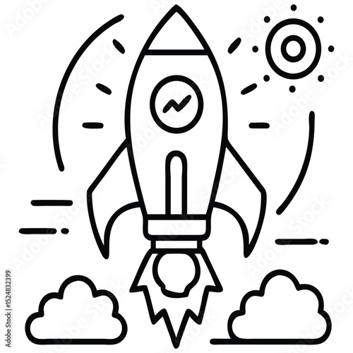 Rocket Launching Past Clouds Toward a Circular Symbol Icon Design