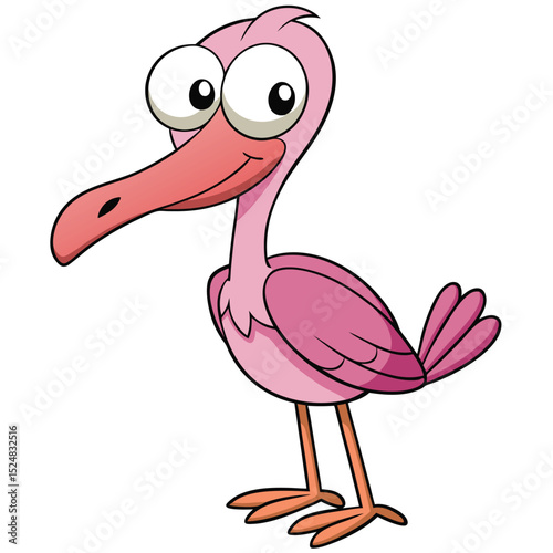 Cartoon pink flamingo stands smiling with its big eyes and long beak