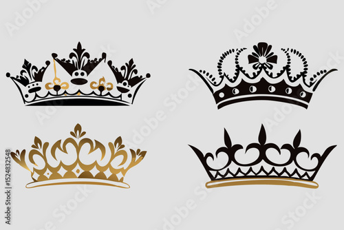 Vintage royal crown icon set with gold heraldic design elements