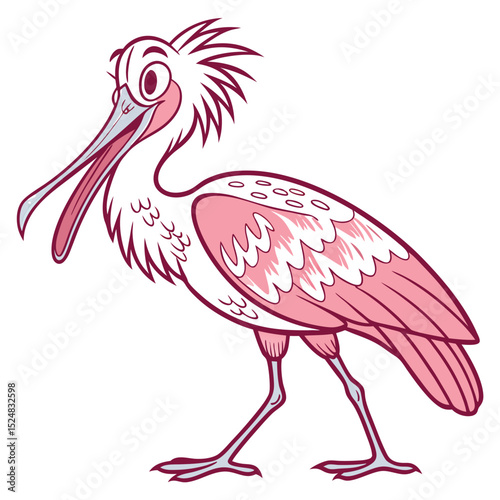 Pink and white cartoon spoonbill bird is walking to the right side