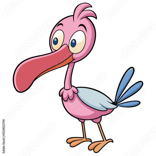 Charming pink cartoon bird with long beak and bright eyes stands alert and ready