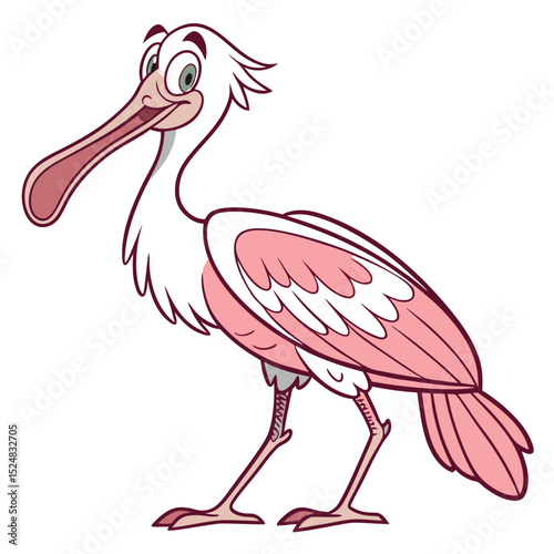 Happy cartoon roseate spoonbill stands with a big smile looking friendly towards the viewer