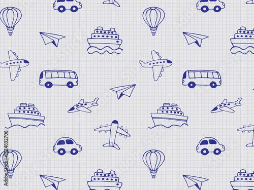 Seamless monochrome pattern of Vehicle on checkered paper. Icon set of of transportation for summer vacation travel, hand drawn vector doodles in line style