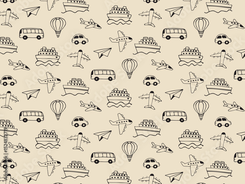 Seamless pattern of transportation hand drawn vector doodles for summer vacation travel. Vehicle hand drawn icons.