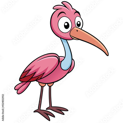Cartoon scarlet ibis standing, looking forward with big eyes and a long beak