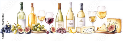 Vector illustration of wine and cheese watercolor clipart, on white background. Banner
