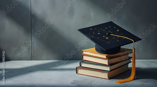 Modern Geometry Still Life: Asymmetrically Folded Graduation Cap with Hidden Embroidered Constellation on Stacked Textbooks - Concrete Studio Shadows & Dangling Gold Tassel in Soft Neutral Light (Over