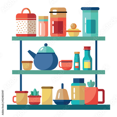 Colorful Kitchen Shelves Illustration with Jars, Tea Kettle, Mugs, and Small Plant