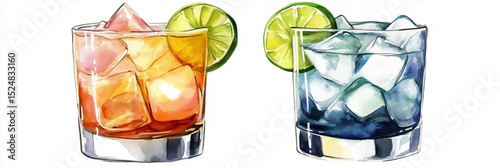 Vector illustration of two glasses with summer cocktails, watercolor on a white background