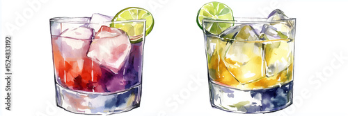 Vector illustration of two glasses with summer cocktails, watercolor on a white background