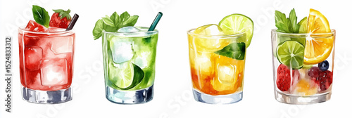 Vector illustration of a set of glasses with summer cocktails, watercolor on a white background