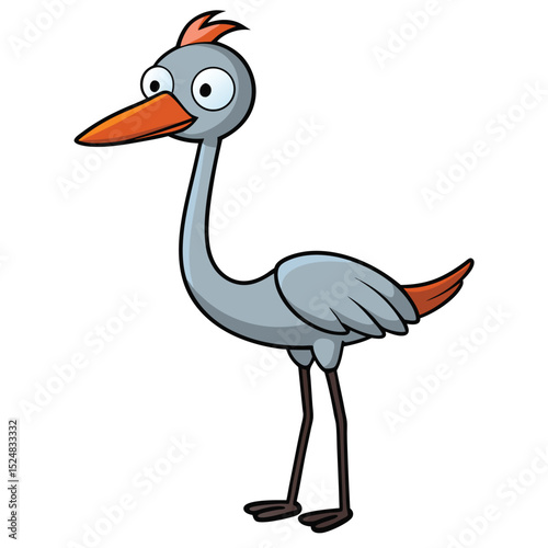 Standing cartoon heron shows comical large eyes and orange beak on white background
