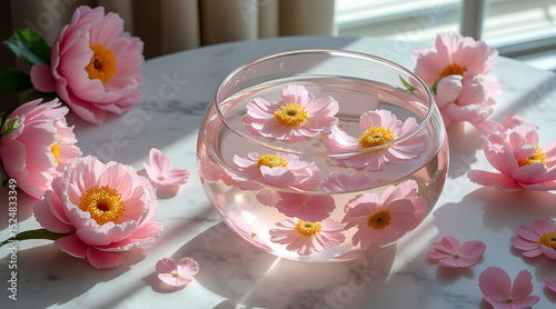 *Ethereal Still Life of Floating Peony Petals in Hand-Blown Glass Bowl with Rare Blue-Vintage Bloom - Sunlit Marble Table by Arched Window, Soft Luminous Editorial Flat-Lay with Copy Space*  