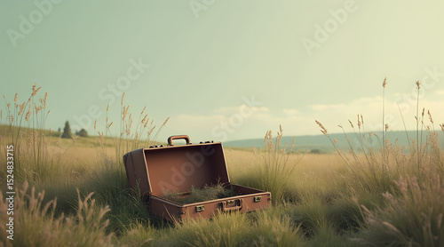 Vintage Photorealism Landscape with Forgotten Suitcase in Muted Browns & Greens - Nostalgic Adventure Background with Copy Space