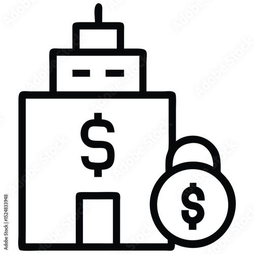 Secure Investment Building Icon with Dollar Signs and Padlock Illustrating Financial Security