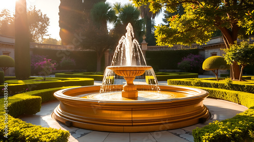 Golden fountain in a serene, sunlit Italianate garden with manicured hedges, trees, and marble pathways.