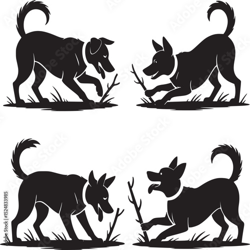 Four black dog silhouettes playing with sticks on a white background in a playful arrangement