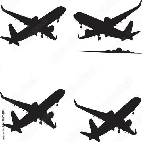 Four airplane silhouettes arranged in a square pattern on a white background illustration style