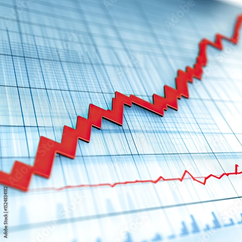 A red, zigzagging line graph depicts a sharp increase against a backdrop of a flatter, less volatile line and a gridded chart