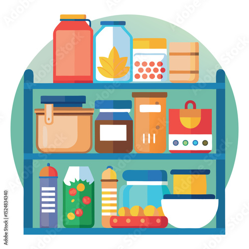 Colorful Pantry Shelves with Food Storage Jars and Containers Illustration
