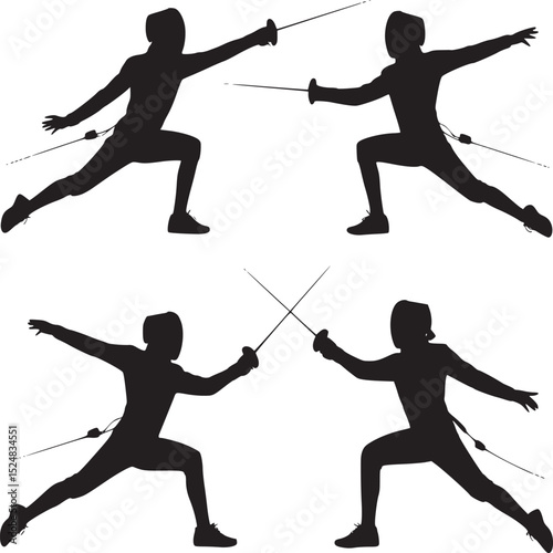 Four silhouettes of fencers in action with swords raised on a white background in a collage style