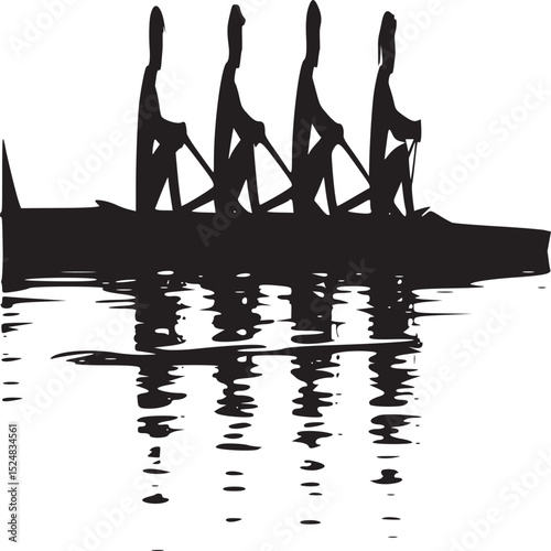 Silhouette of four rowers in a boat on water with reflections against a bright white background