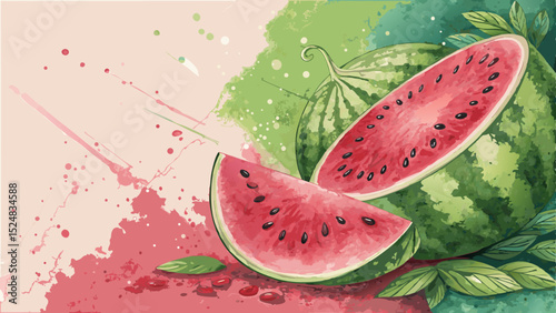 Vector watermelon slice in vibrant pink and green, refreshing summery fruit background with copy space