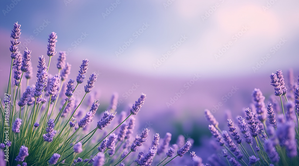 Fototapeta premium Lavender field photorealism background in soft purple and green, serene tranquil floral scenery with copy space