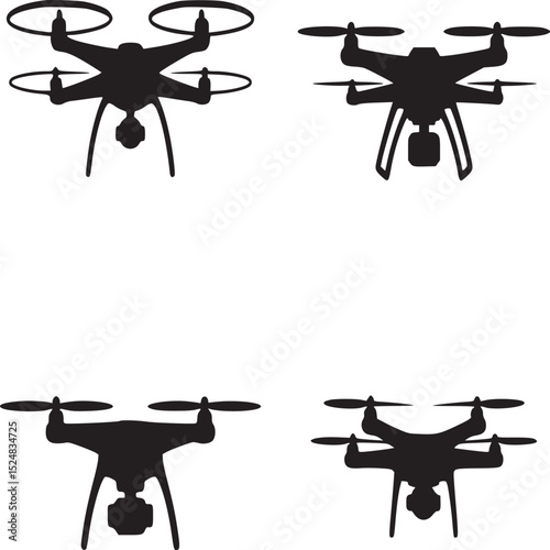 Four drone silhouettes in different positions on a white background aerial vehicle technology design