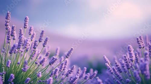 Lavender field photorealism background in soft purple and green, serene tranquil floral scenery with copy space