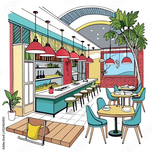 Colorful Restaurant Interior Illustration Bar Counter, Tables, Chairs, Plants, and Modern Design