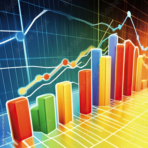 Colorful 3D bar and line graphs illustrating growth and data trends