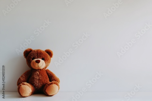 A brown teddy bear sitting against a white wall with a plain background and soft lighting effect