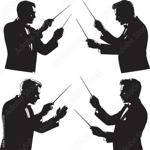 Four conductor silhouettes directing with batons against a white background in a collage format