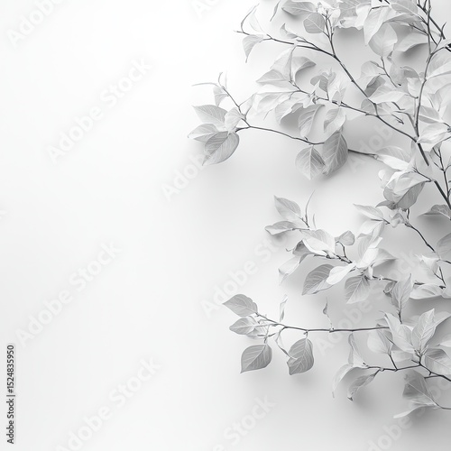 Monochrome photo of delicate branches with leaves against a white background, creating a minimalist and elegant composition