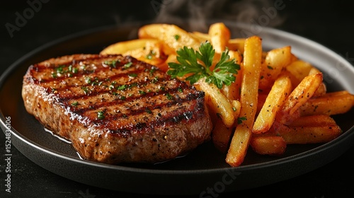 Grilled steak and fries on dark plate