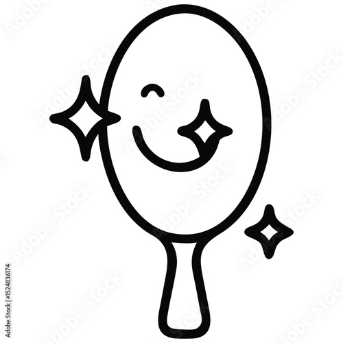 Shiny Mirror with Smiling Reflection and Sparkles, Clean Line Art Icon Illustration
