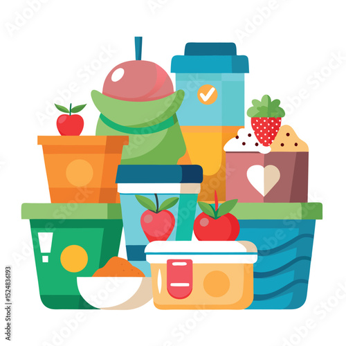 Colorful Stack of Food Containers with Fruit Toppings, Healthy Packed Lunches Illustration