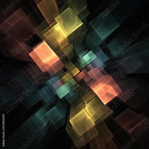 Abstract digital artwork featuring translucent, multicolored cubes radiating outwards, creating a sense of depth and movement