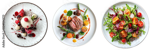 A set of restaurant dishes: main course, salad and dessert, isolated on a transparent background PNG