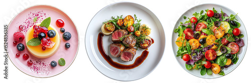 A set of restaurant dishes: main course, salad and dessert, isolated on a transparent background PNG