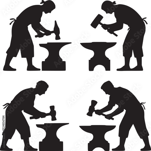 Four silhouettes of blacksmiths hammering metal on anvils in a grid pattern on white background