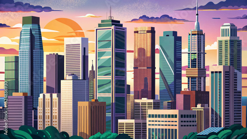 Vector illustration of a cityscape at sunset with modern skyscrapers and glowing sky ideal for urban design, travel ads, real estate, and futuristic themes